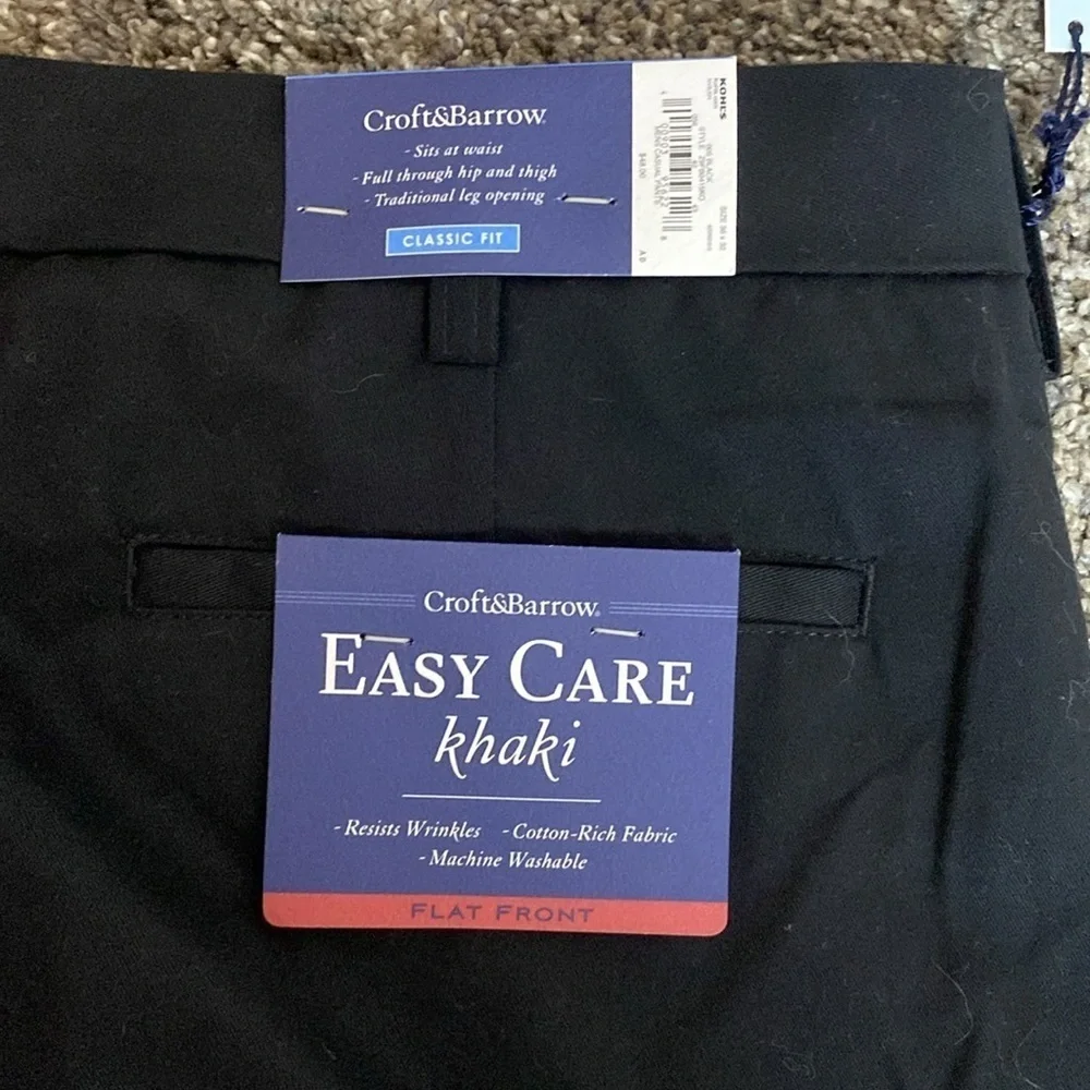 Croft & Barrow Easy Care khaki Classic Fit Flat Front Mens Black Pants 36x32 NWT